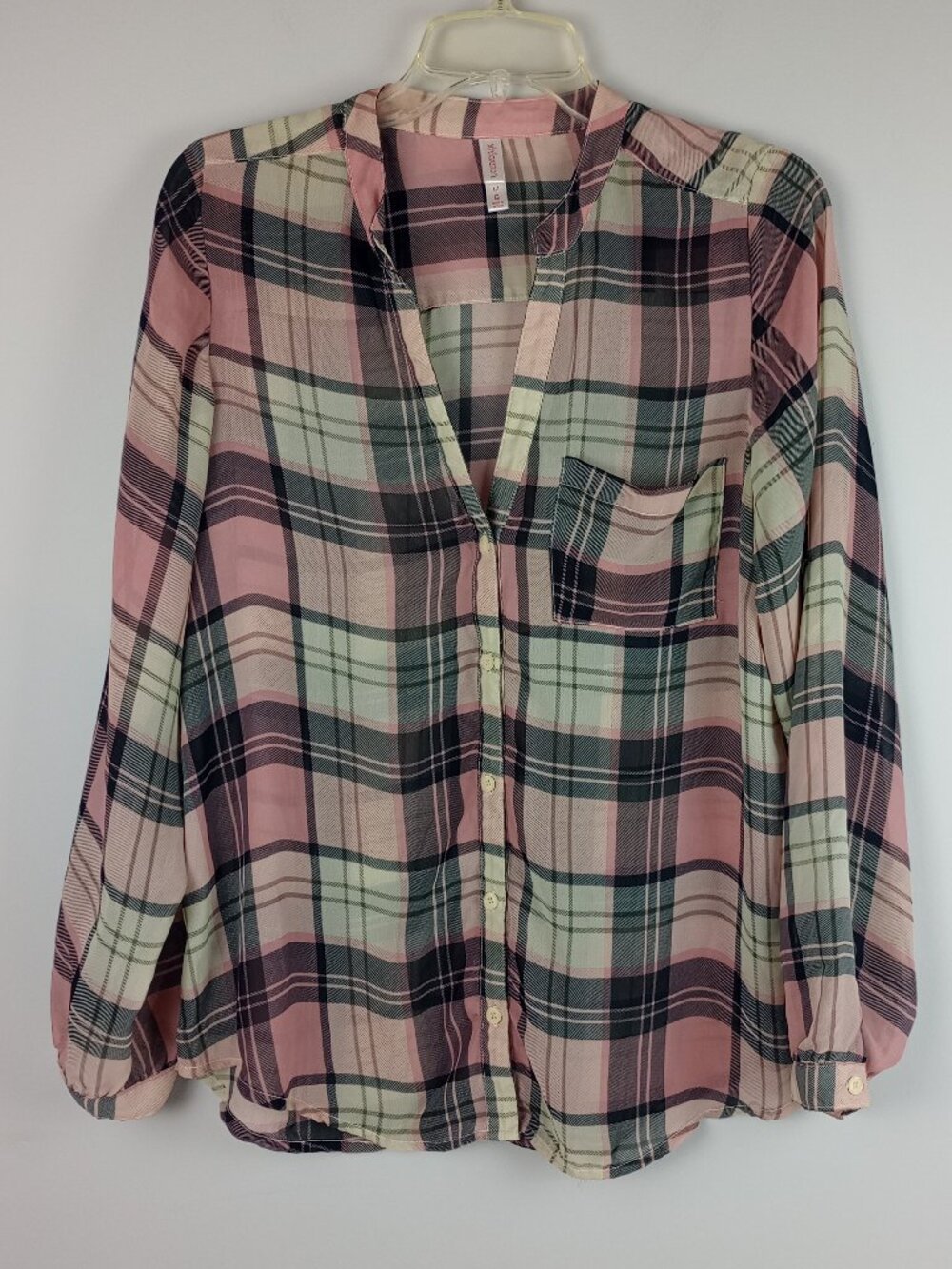 Xhilaration Womens L Pink Black Cream Plaid Sheer Long Roll‎ Tab Sleeve Shirt